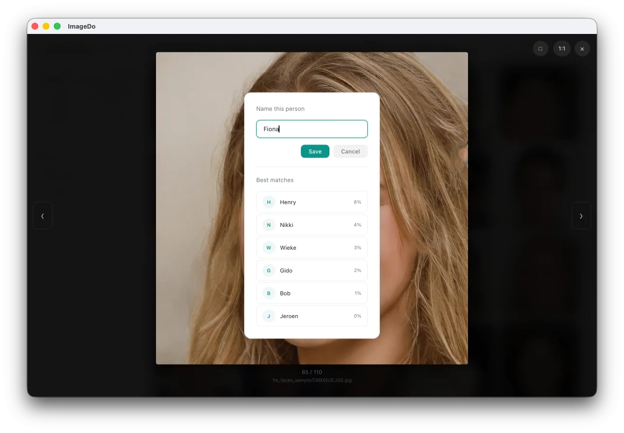 Full-screen lightbox with zoom and face tagging in ImageDo